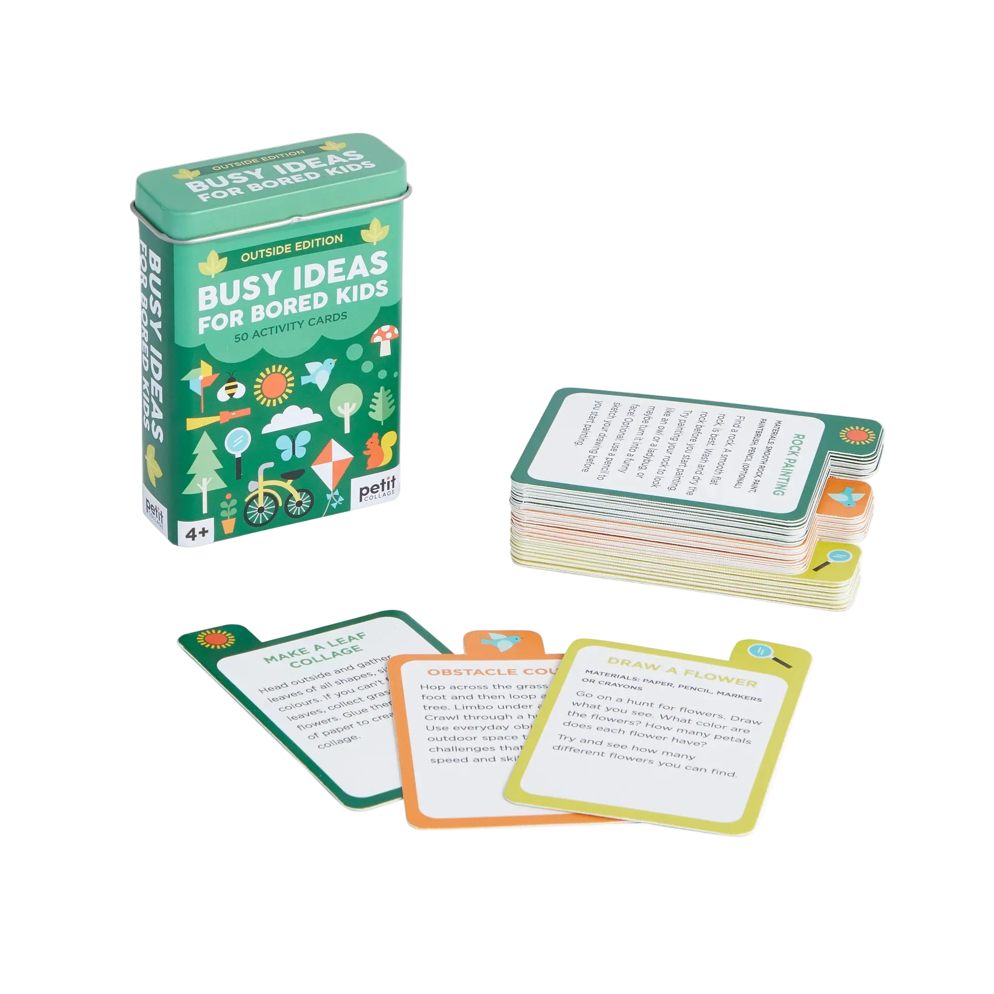 A tin container with a green lid displaying colorful cards outside, titled 'Busy Ideas for Bored Kids - Outdoor Edition'.