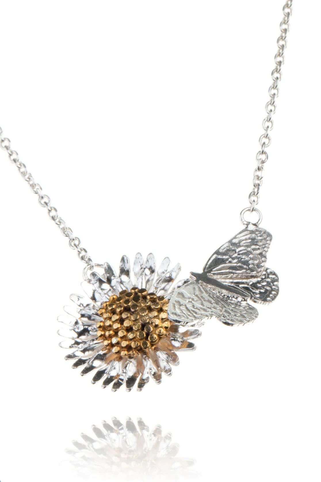 Butterfly & Daisy Necklace in Silver & Gold
