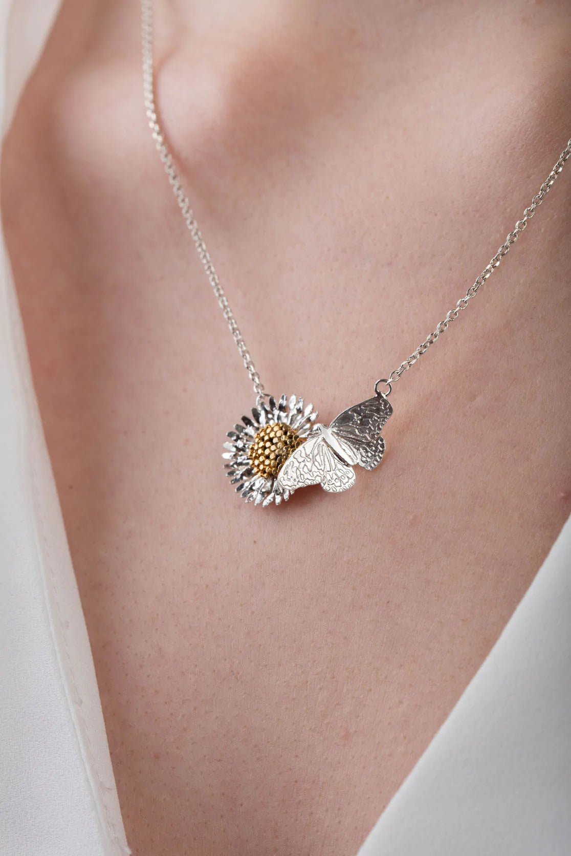 Butterfly & Daisy Necklace in Silver & Gold