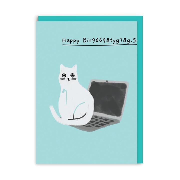 Happy Birthday Cat Sitting On A Laptop Card