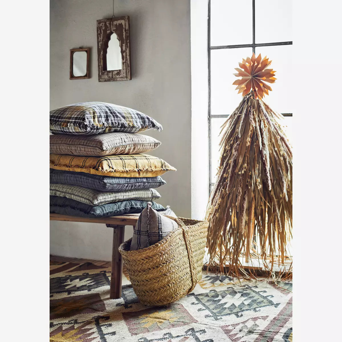 Checked Linen Cushion Cover - Eucalyptus & Black