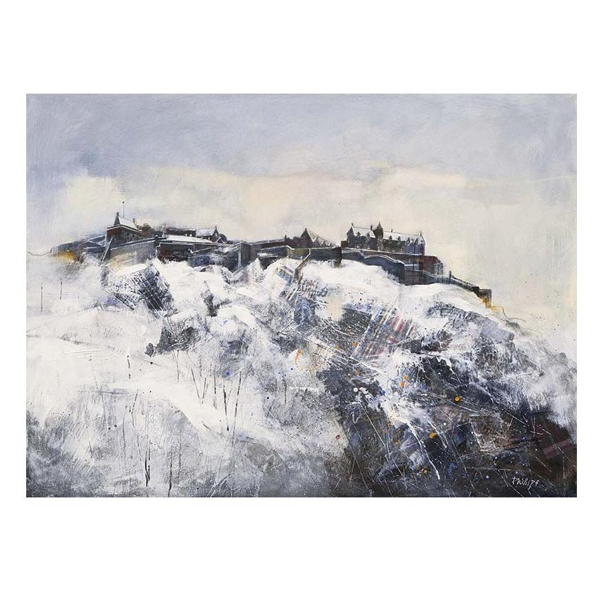 Art print of Edinburgh Castle depicted with dynamic brush strokes in greys, whites, and blues, representing a cold day with snow and a misty sky.