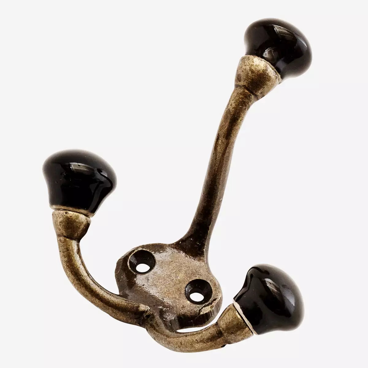 Hand Forged Antique Gold Triple Hook With Black Ceramic Finial
