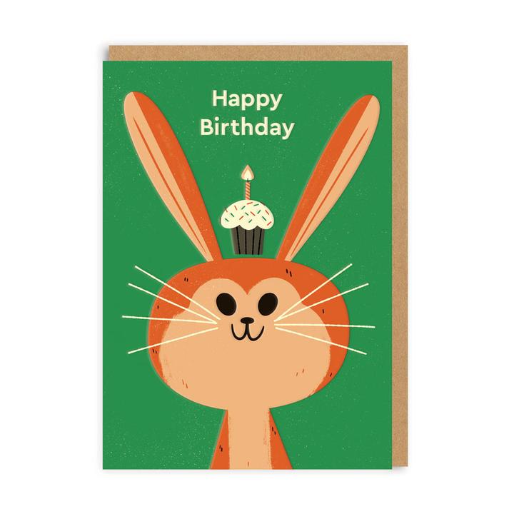Happy Birthday Rabbit With A Cupcake Green Card