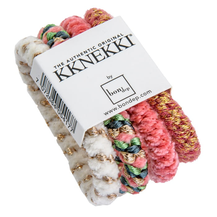 Set Of 4 Pink And Cream Velvet Kknekki Hair Ties