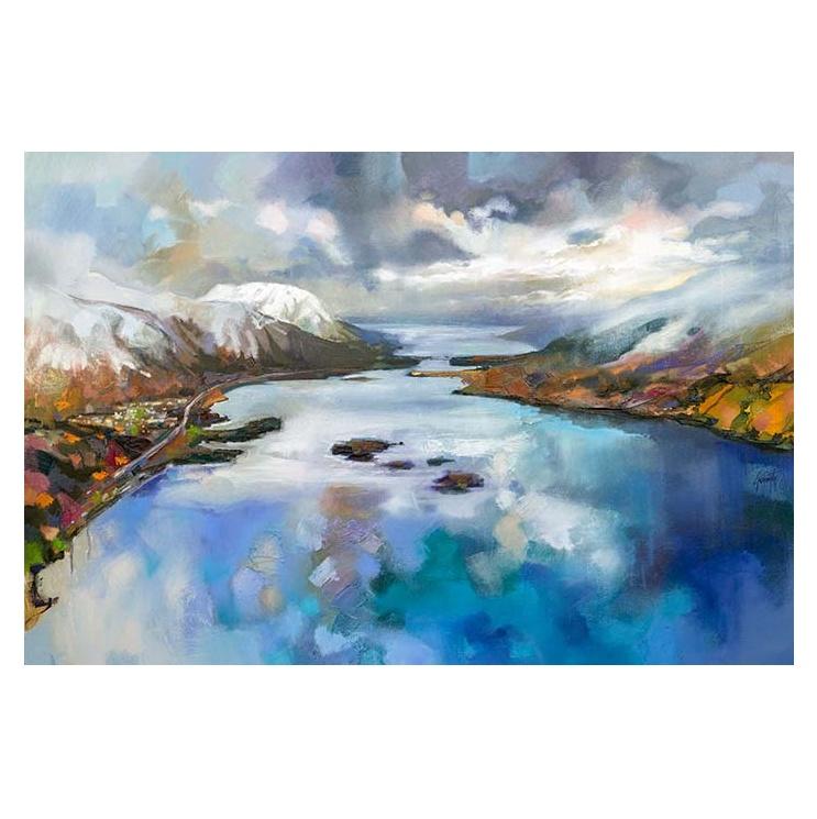A vibrant and colorful artistic print of Loch Leven featuring snow capped mountains reflecting in the water, with a dramatic sky filled with clouds.