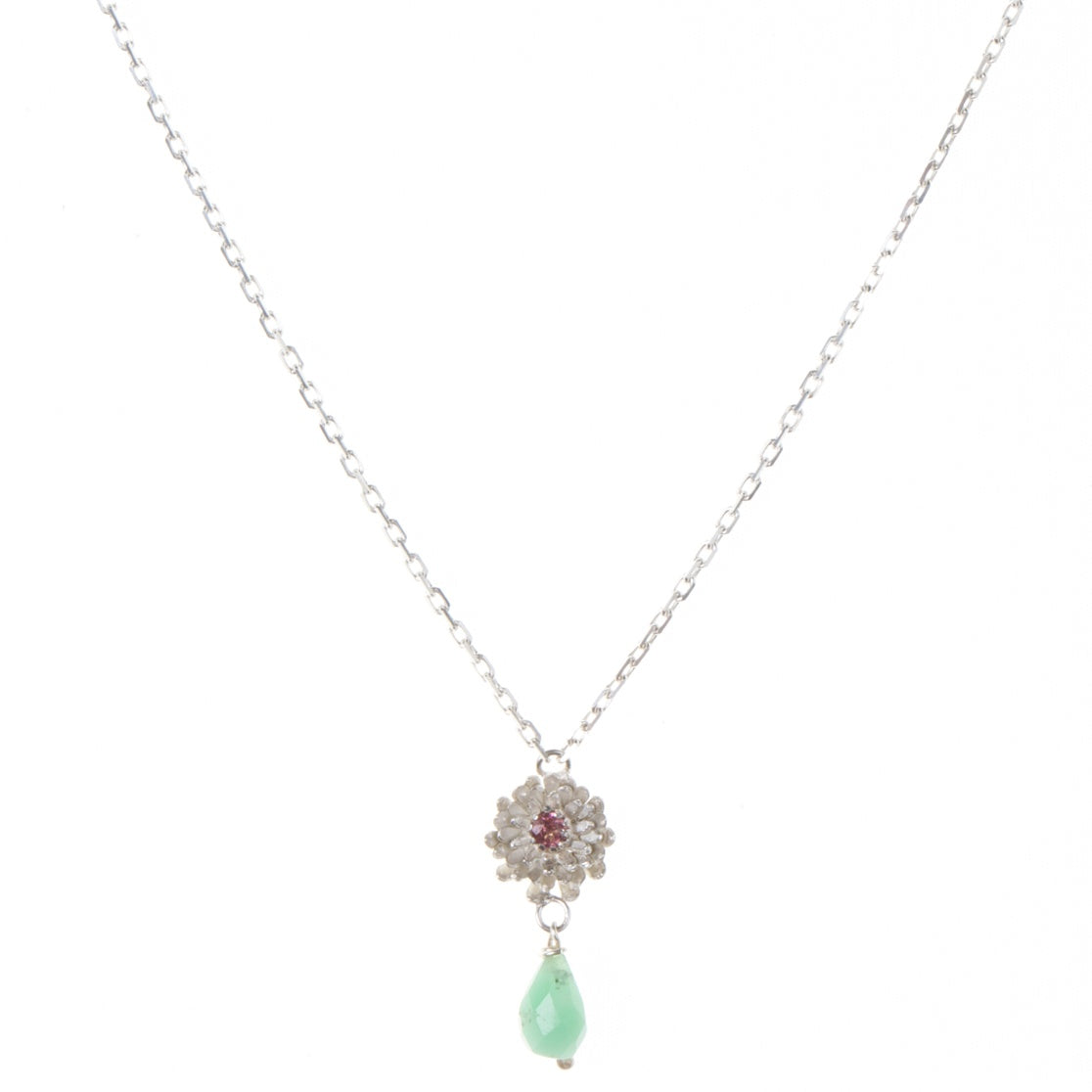 Silver Dahlia Necklace With Pink Tourmaline & Chrysoprase Drop