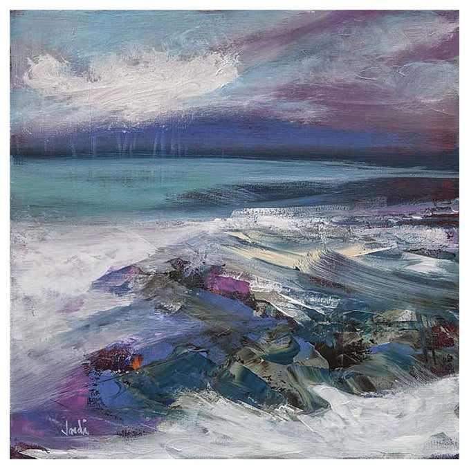 An abstract art print featuring a interpretation of a beach scene with blues, purples, greys, and white colors.