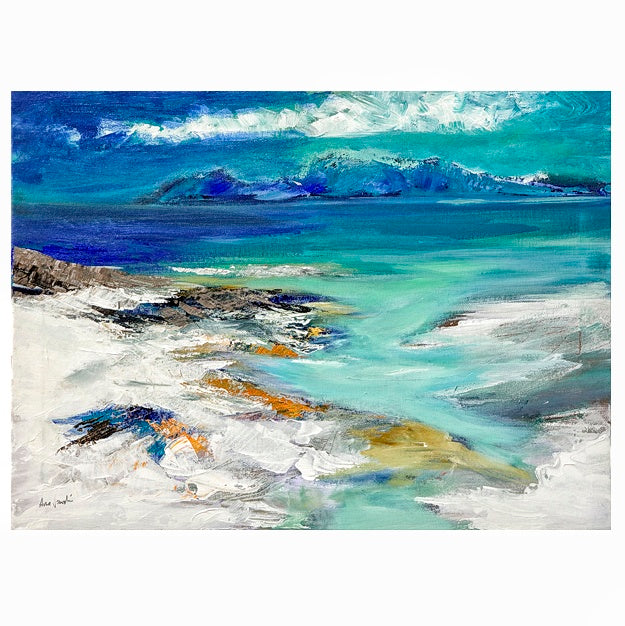 An abstract art print featuring a landscape with bright blue and green colors, with white and yellow highlights, depicting a view over a shore to the mainland beyond.