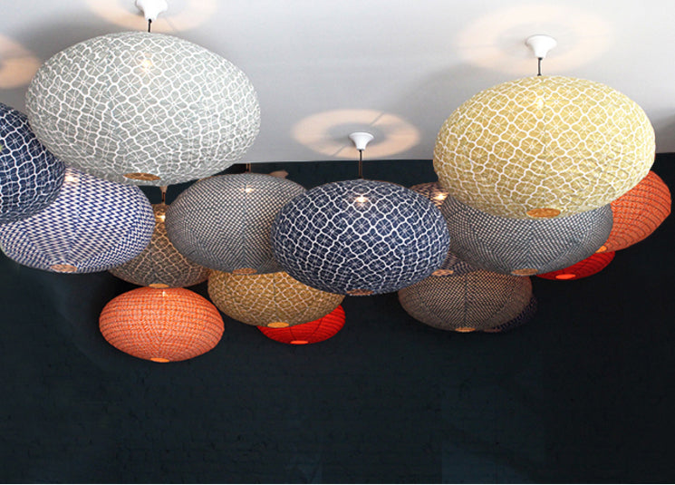 Large 80cm Cream & Yellow Lotus Cotton Pendant Lampshade