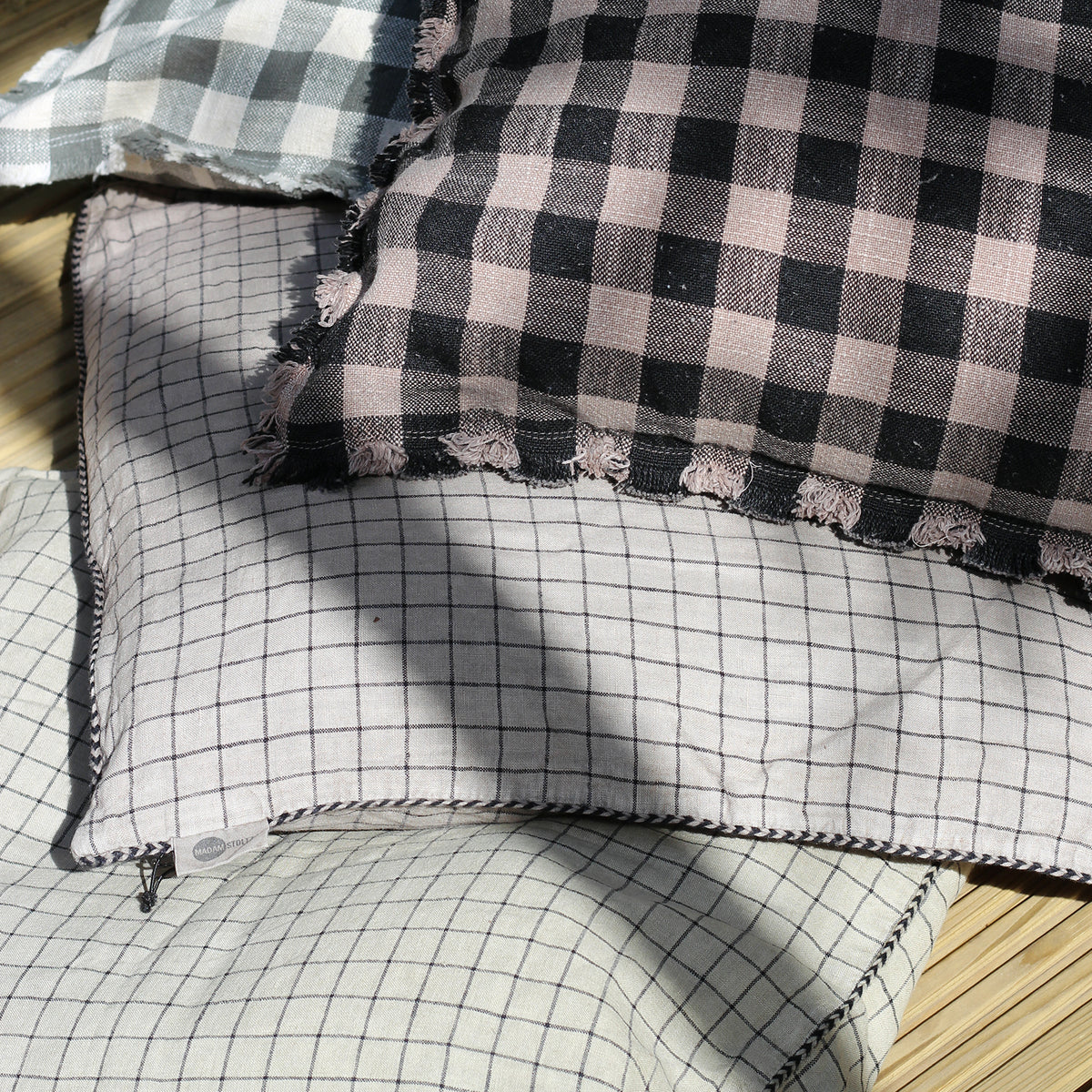Checked Linen Cushion Cover - Eucalyptus & Black