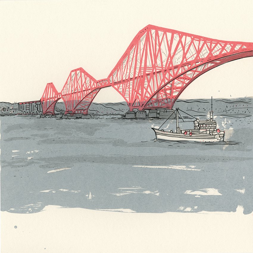 Forth Rail Bridge With Boat Hand Pulled Screen Print