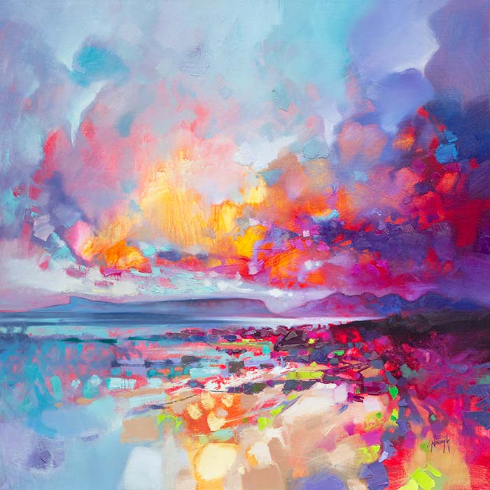 A brightly coloured print by scottish artist Scott naismith, an abstract landscape
