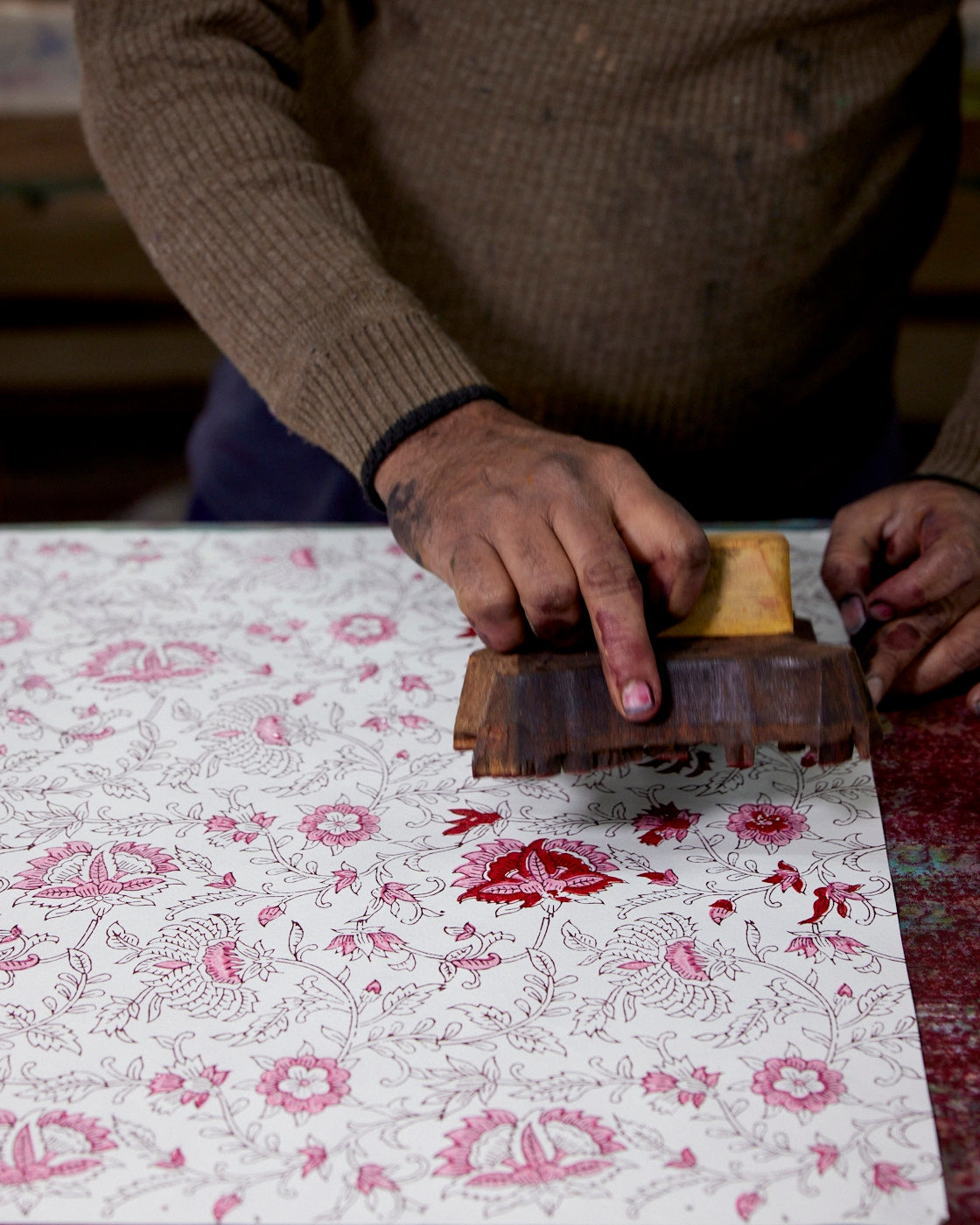 Red Flora Handmade Wood Block Printed Paper