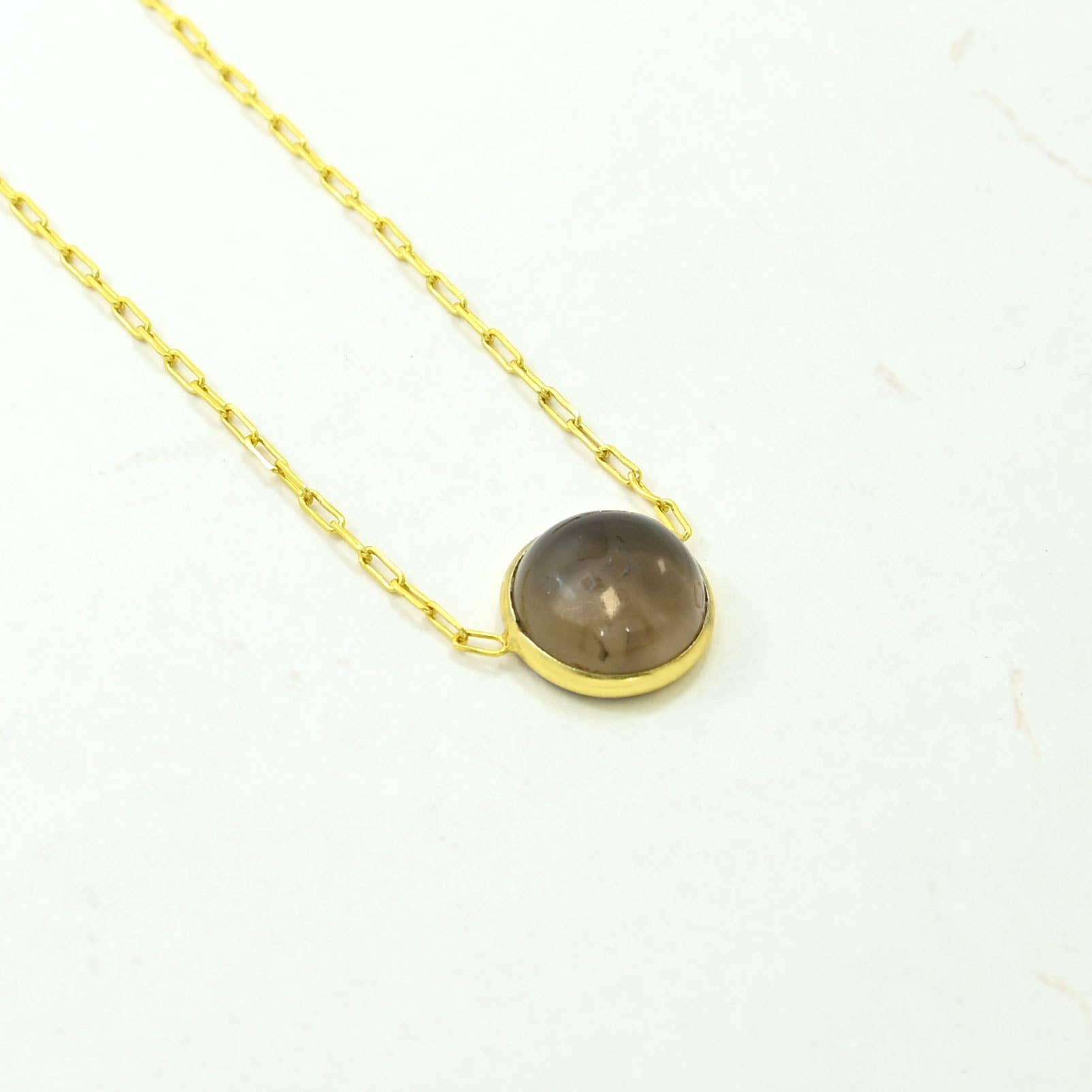 Round Gemstone Necklace Gold Plated Silver 925 - Smoky Quartz