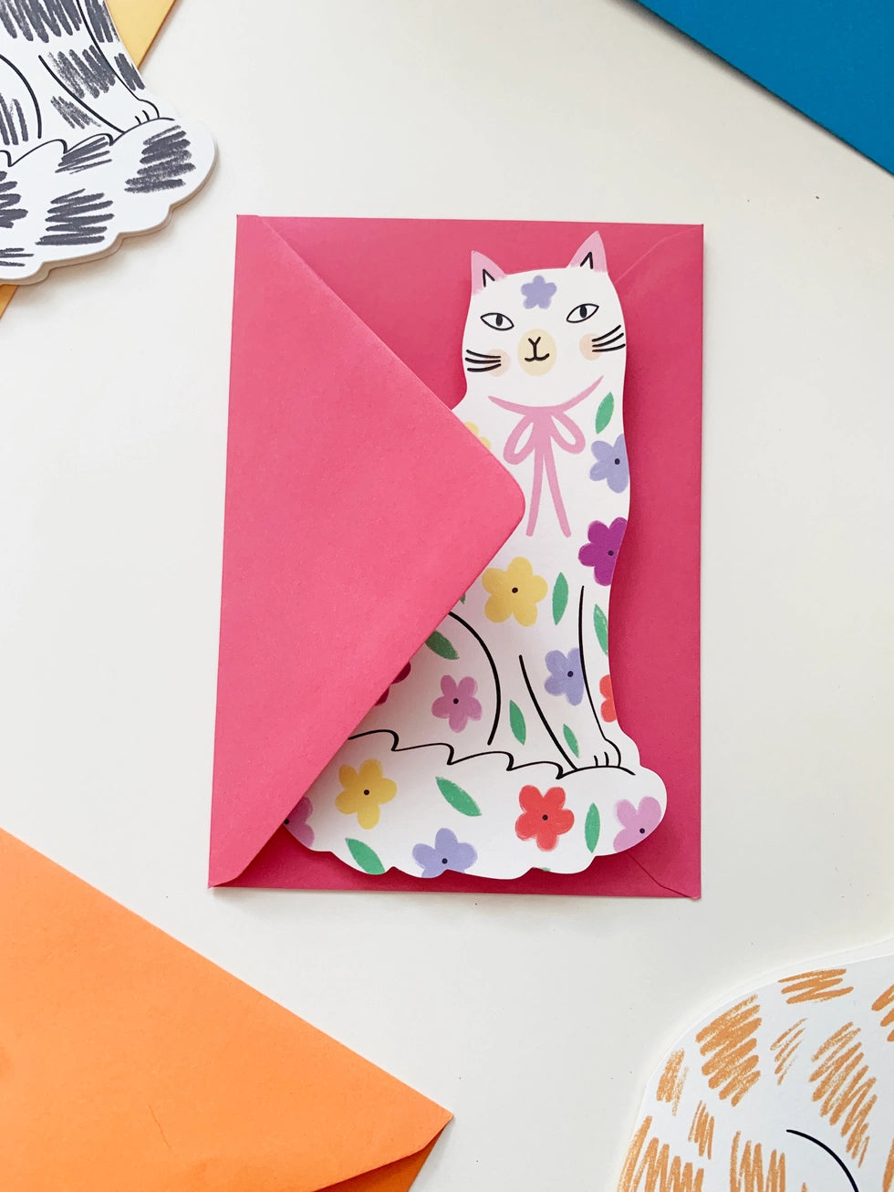 Floral Sitting Kitty Shaped Card