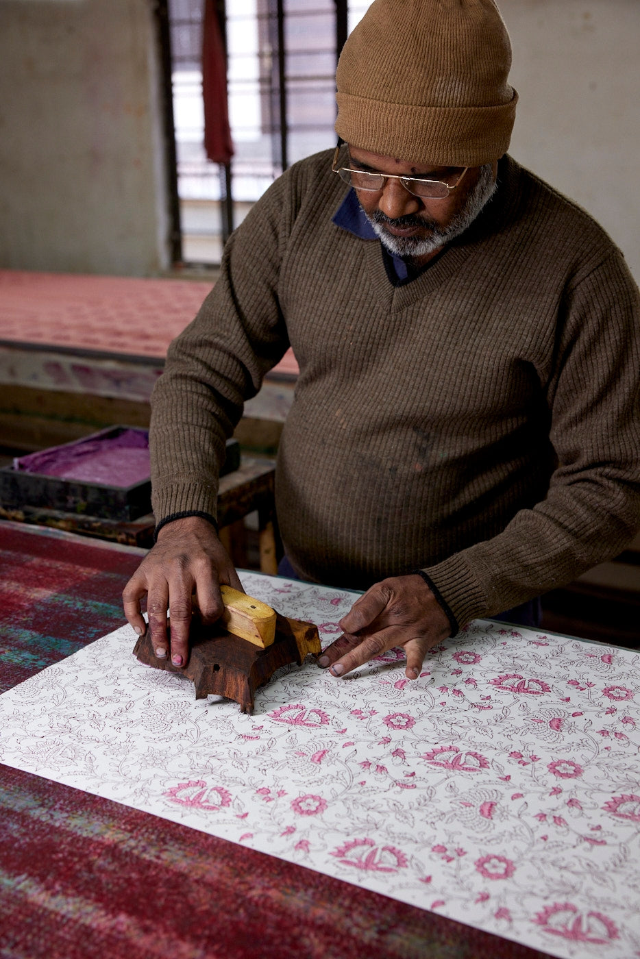 Red Flora Handmade Wood Block Printed Paper