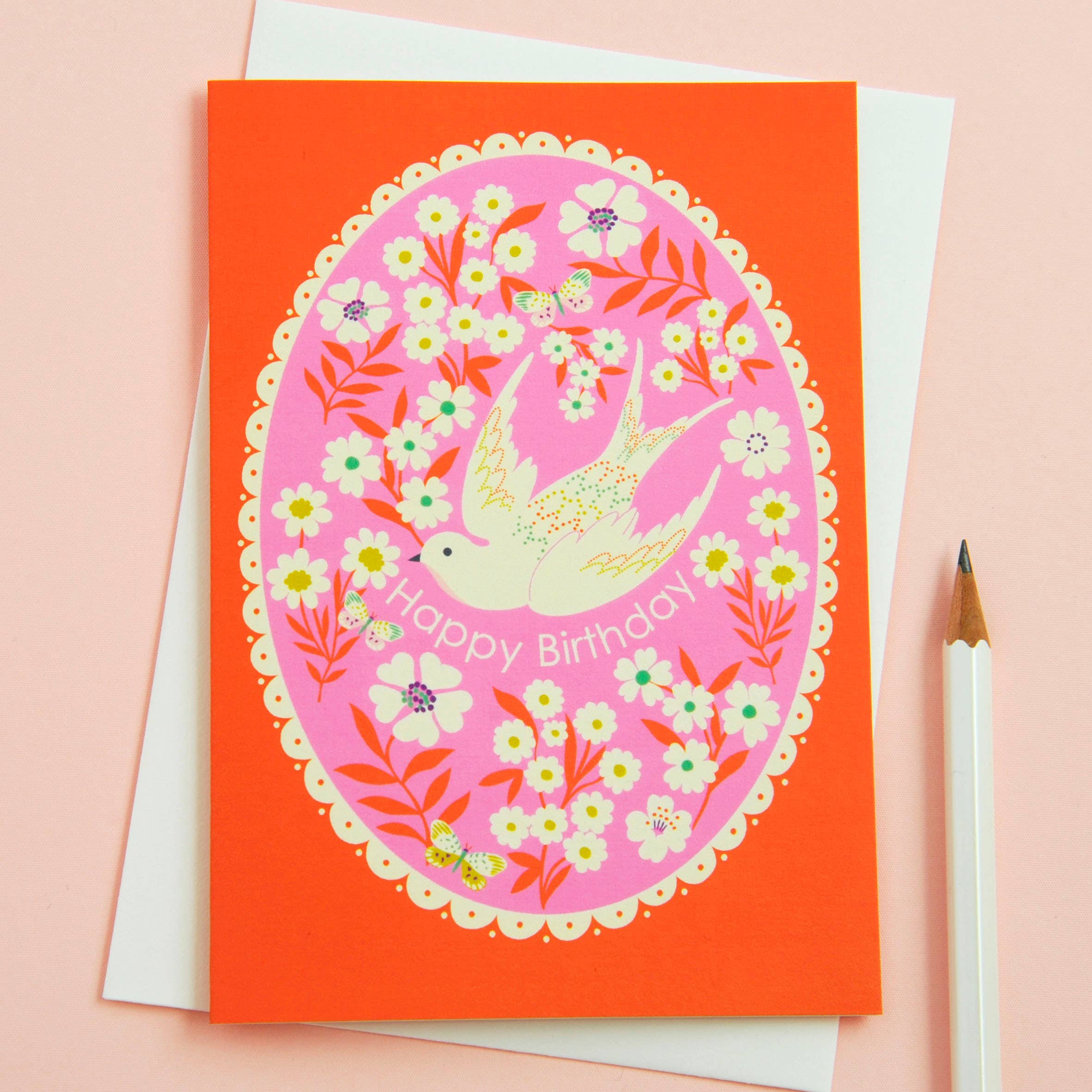 Pretty Happy Birthday Floral & Bird Border Greetings Card