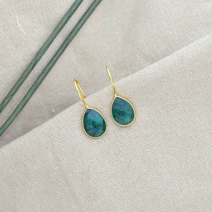 Teardrop Emerald Green Gemstone Gold Plated Drop Earrings