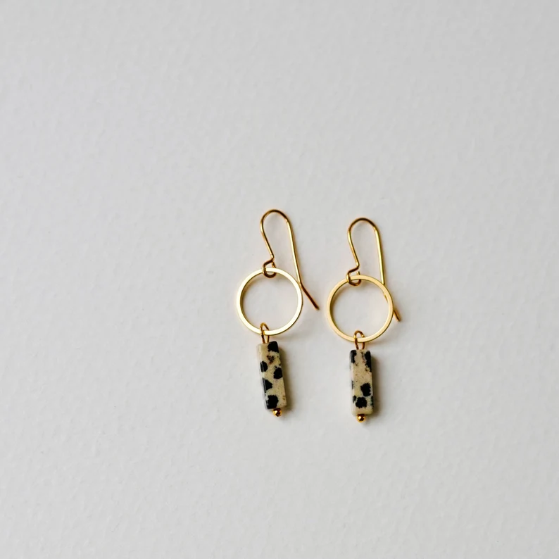 Dalmatian Jasper & Gold Circle Earrings