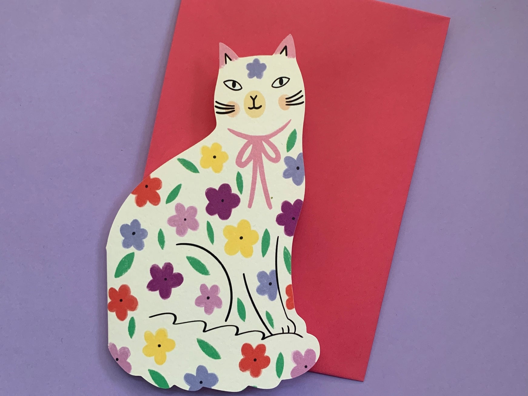 Floral Sitting Kitty Shaped Card