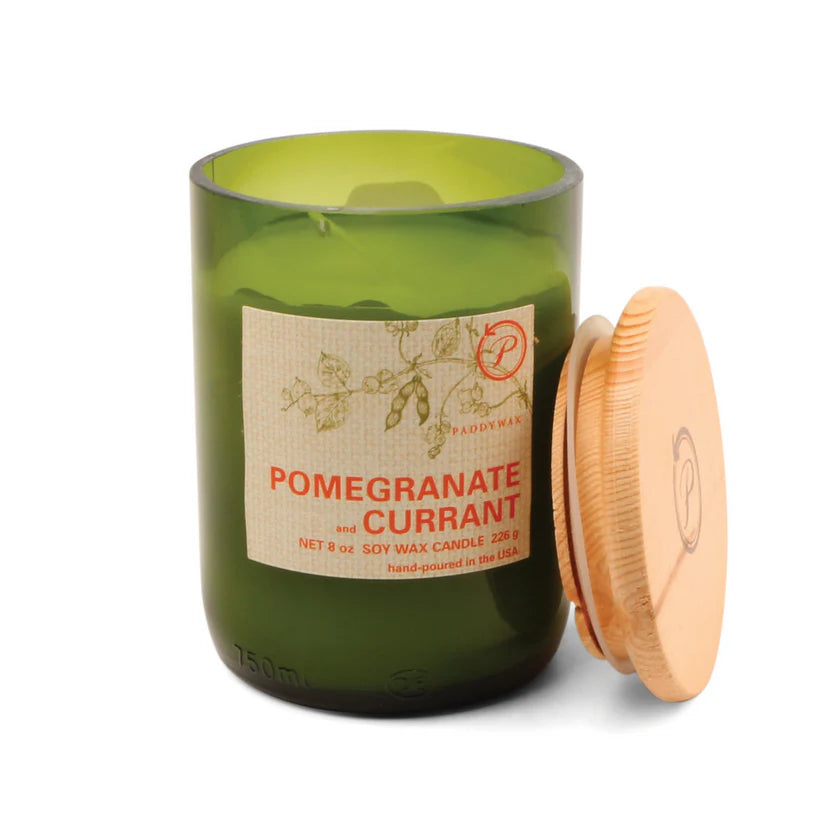 Green Recycled Glass Candle - Pomegranate & Currant