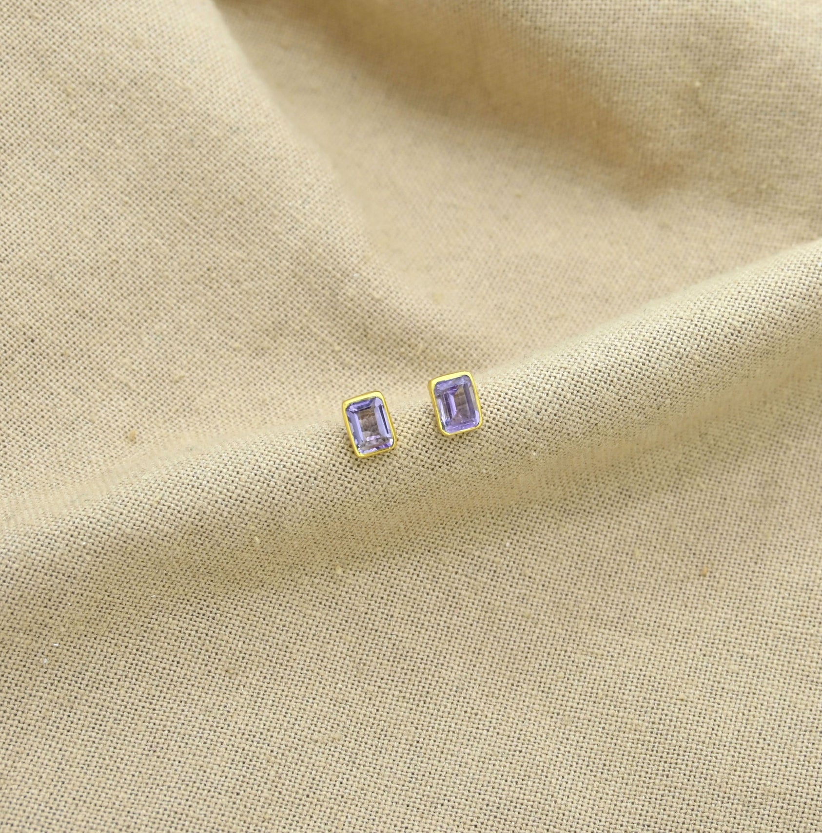 Baguette Cut Purple Amethyst Gold Plated Stud Earrings