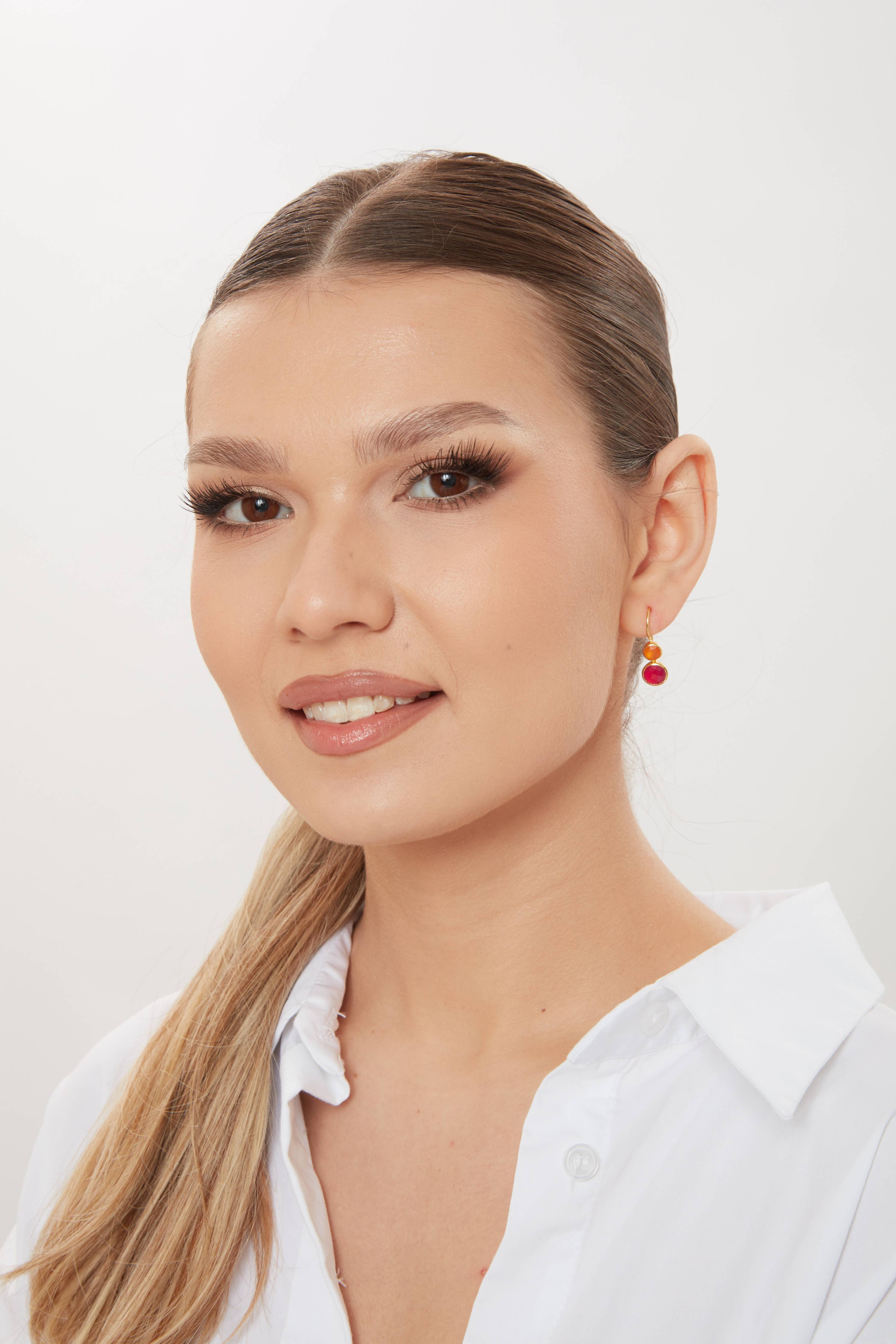 Delphine Hook Earring - Pink Jade & Orange Carnelian
