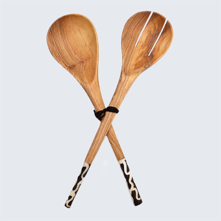 Olive Wood Salad Servers - Black Handle