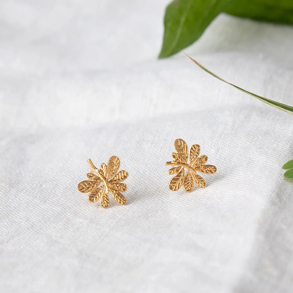 Gold Aralia Leaf Stud Earrings