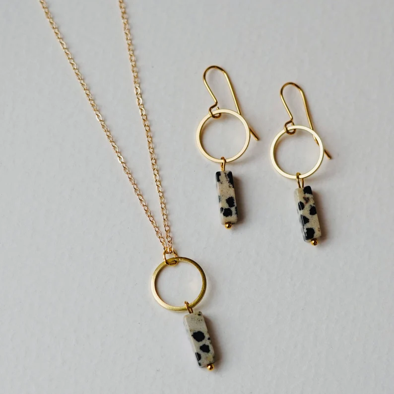 Dalmatian Jasper & Gold Circle Earrings