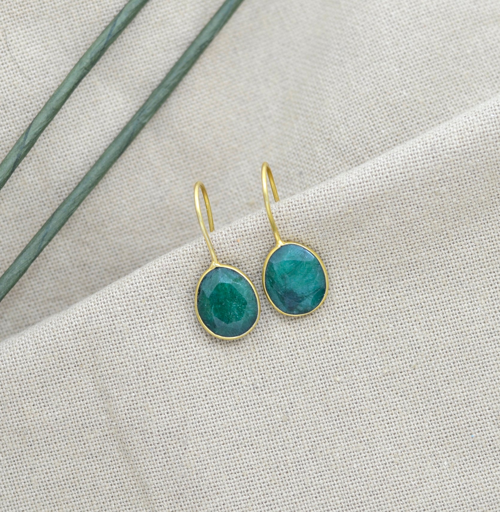 Oval Emerald Gold Plated Drop Earrings