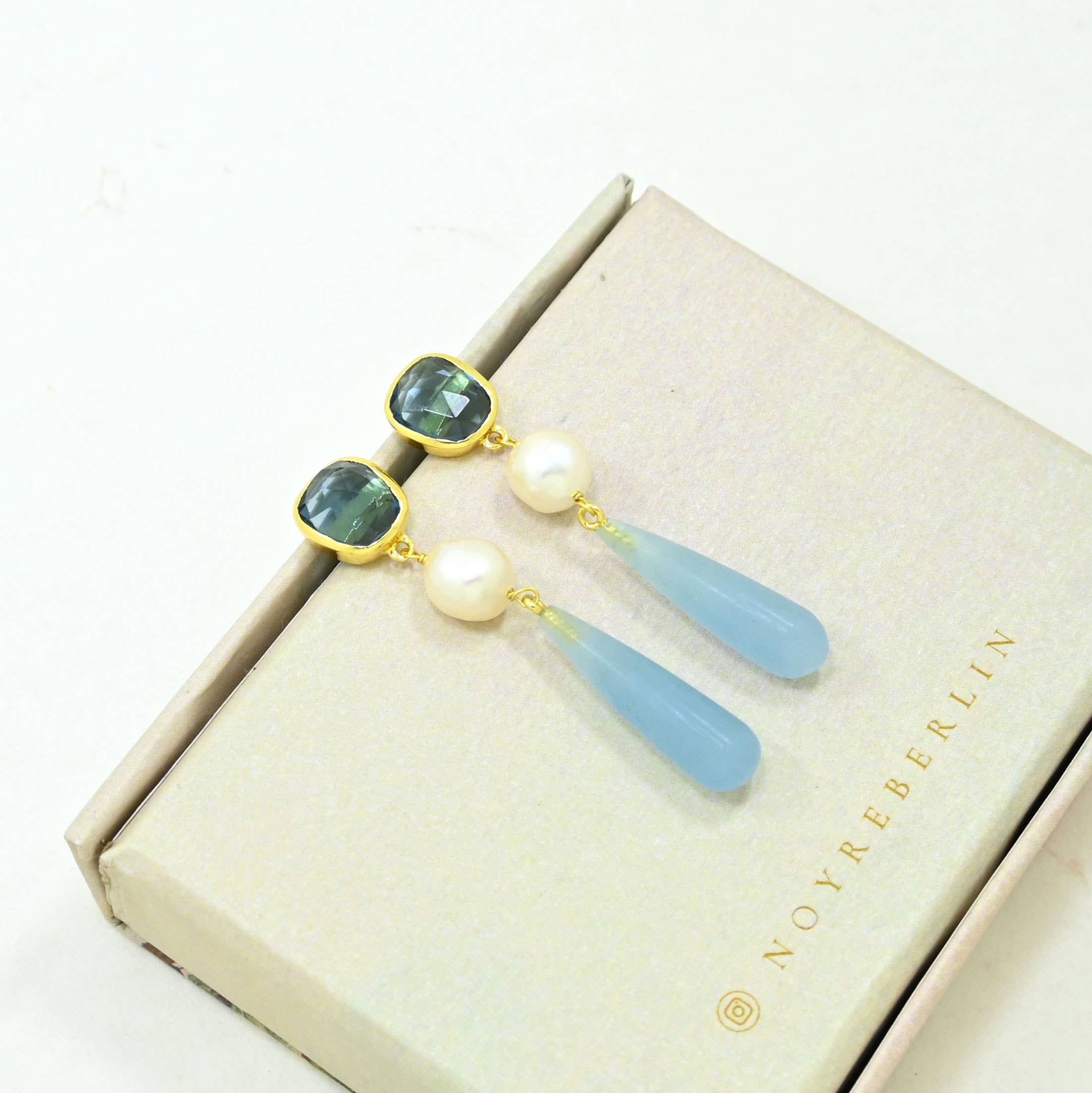 Scarlett Stud Earrings - Pearl, Iolite & Aquamarine Chalcedony
