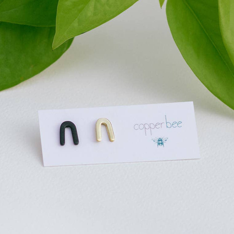 Mismatched Arch Earrings | Black & Brass Geometric Studs