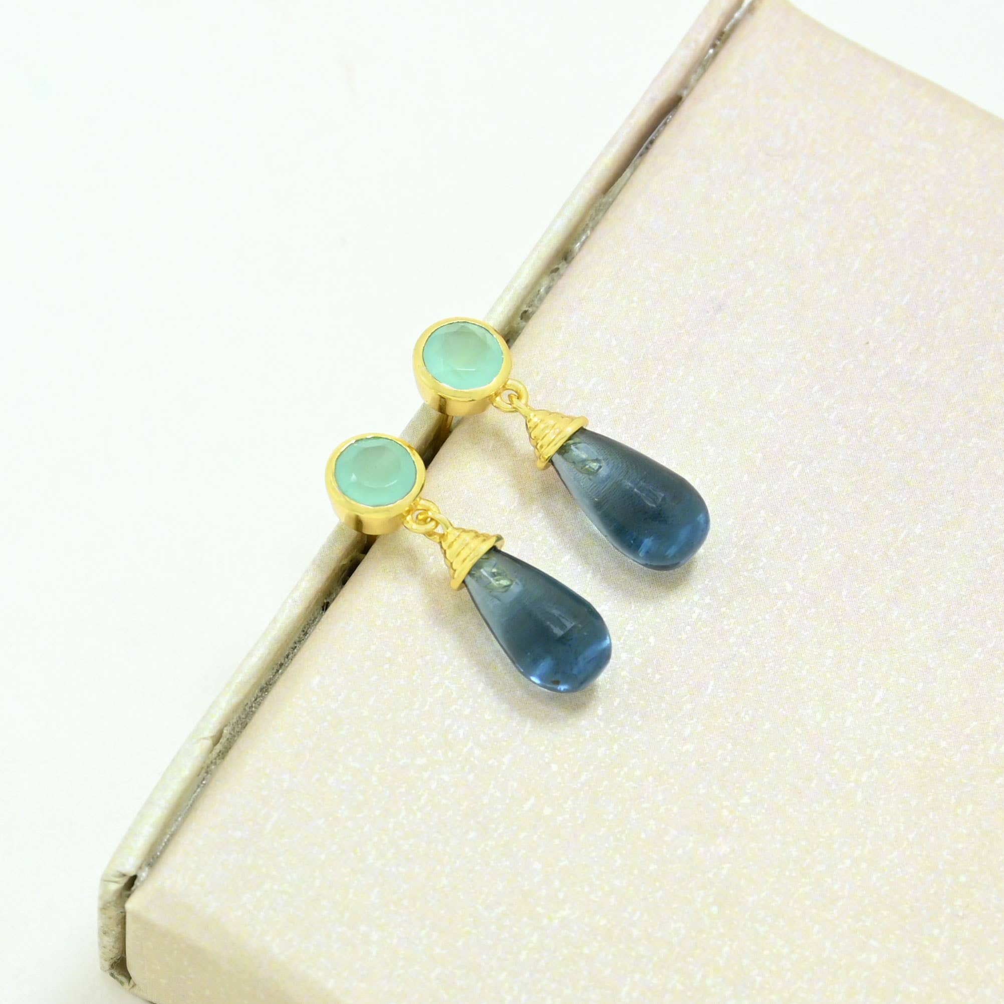 Nevaeh Earring Gold Plated - Aqua Chalcedony & Blue Iolite