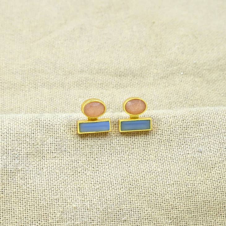 Hailey Stud Peach Moonstone & Blue Chalcedony Gold Earring