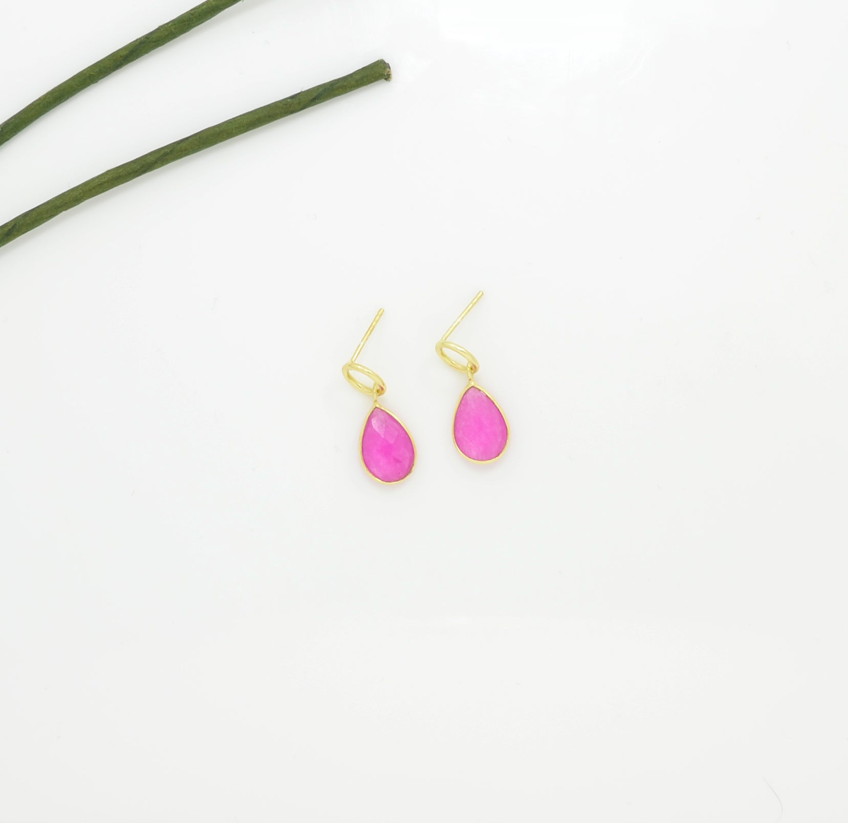 Circle Post Neon Pink Jade Gold Plated Earrings