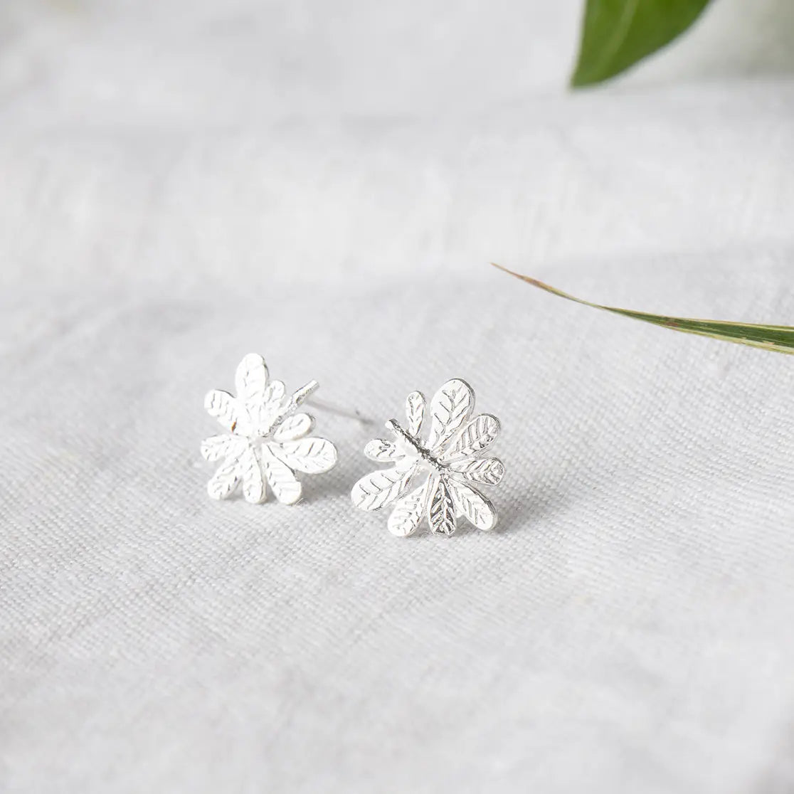 Silver Aralia Leaf Stud Earrings