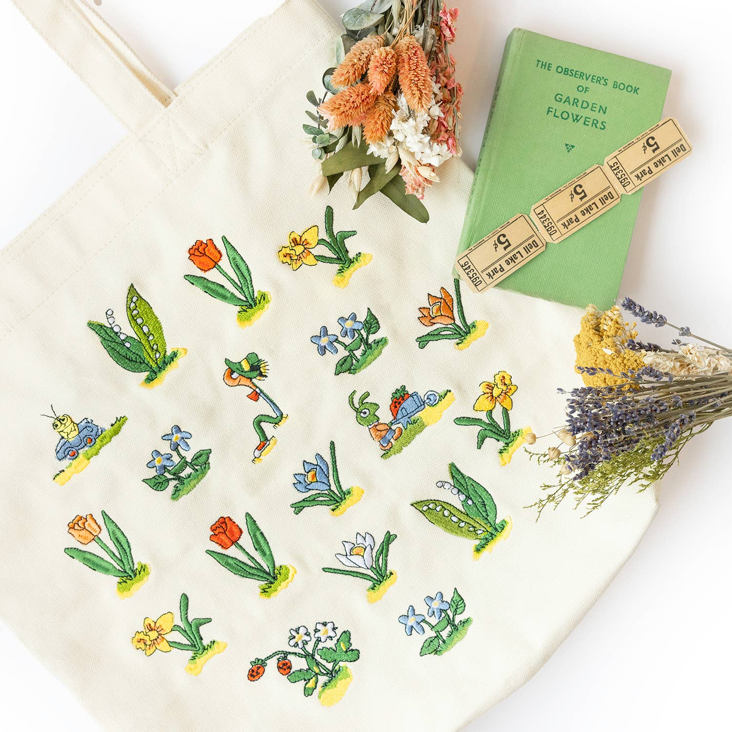 Richard Scarry Lowly Worm Floral Embroidered Tote