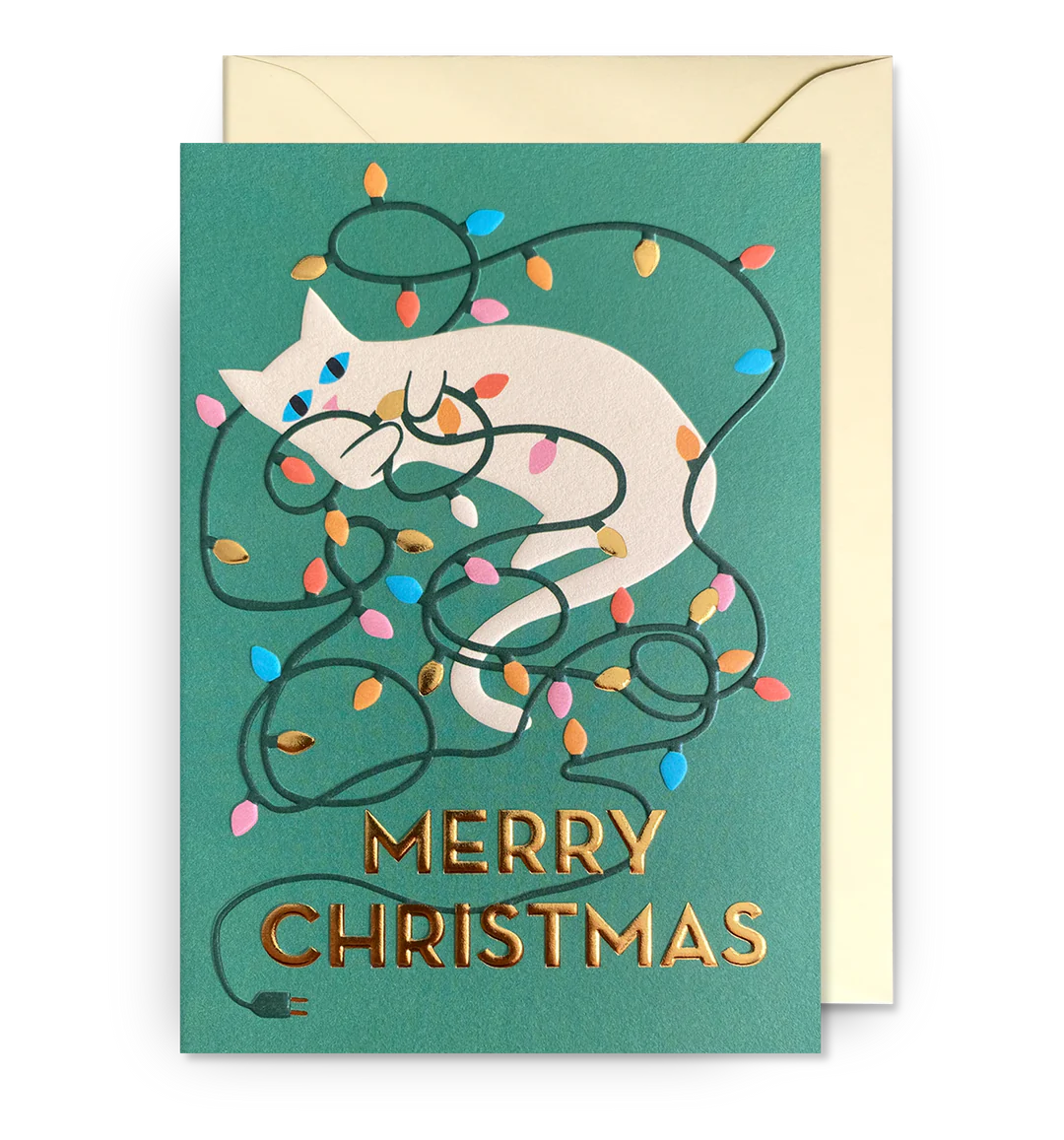 Pack Of 5 Cat with Fairy Lights Christmas Card