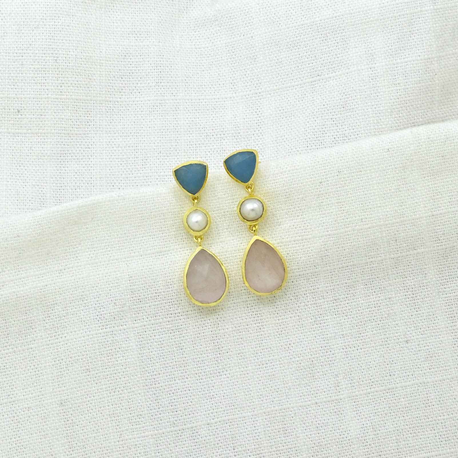 Candice Stud Earrings - Pearl, Rose Quartz & Blue Chalcedony