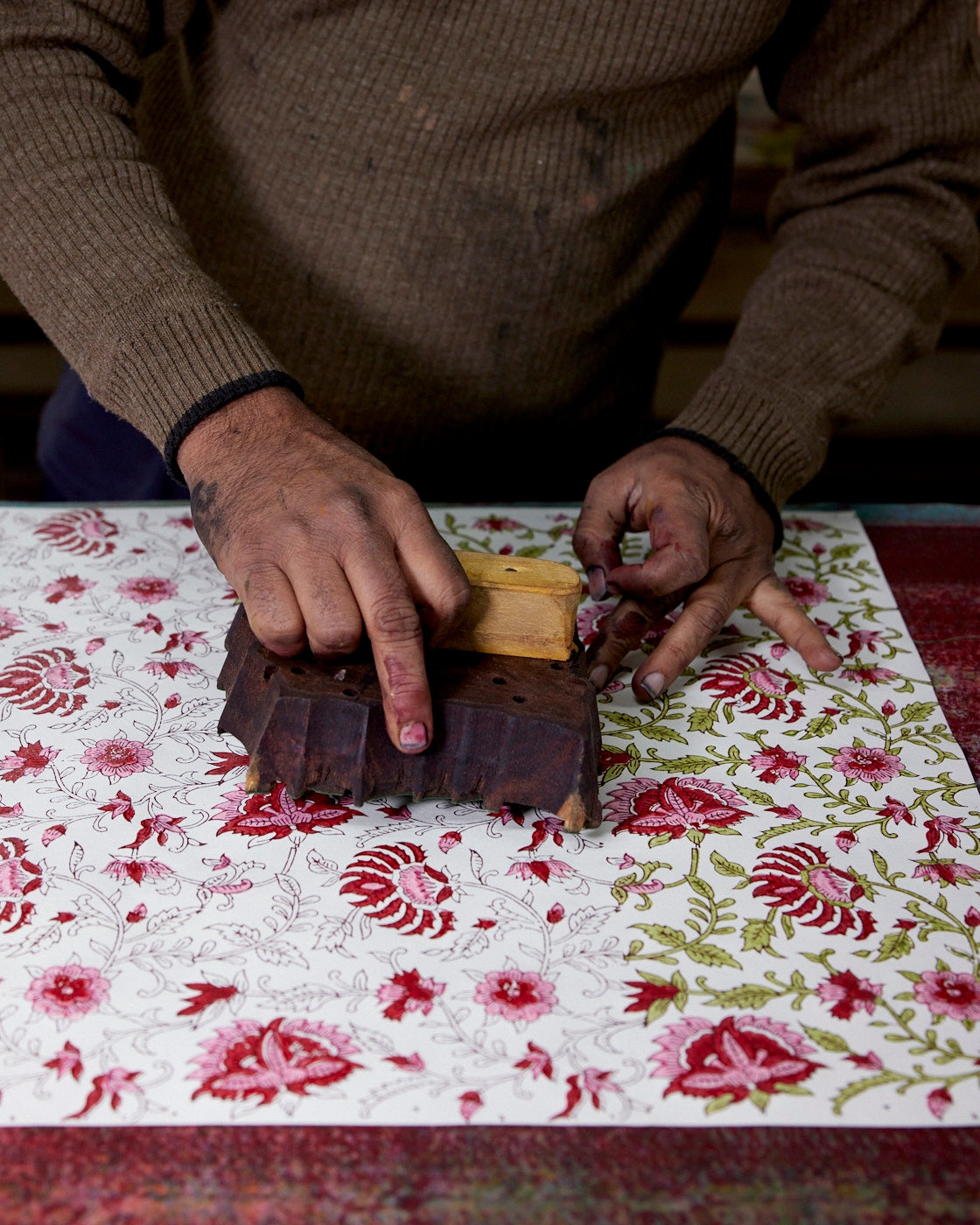 Red Flora Handmade Wood Block Printed Paper