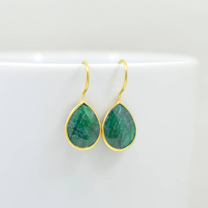 Teardrop Emerald Green Gemstone Gold Plated Drop Earrings