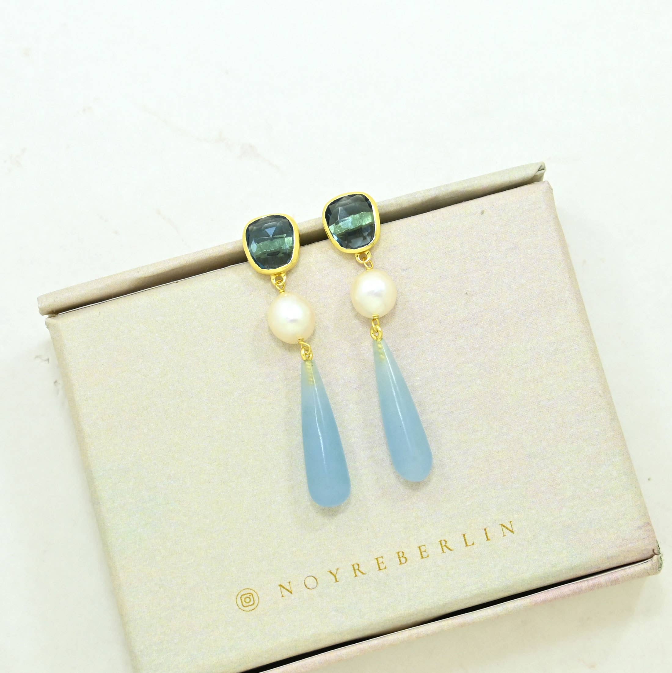 Scarlett Stud Earrings - Pearl, Iolite & Aquamarine Chalcedony
