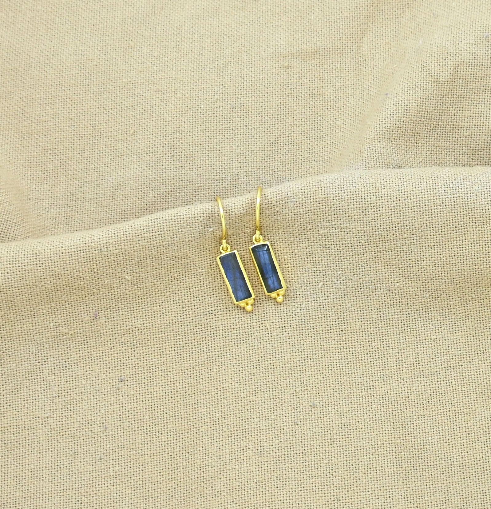 Long Baguette Cut Labradorite Gold Drop Earrings