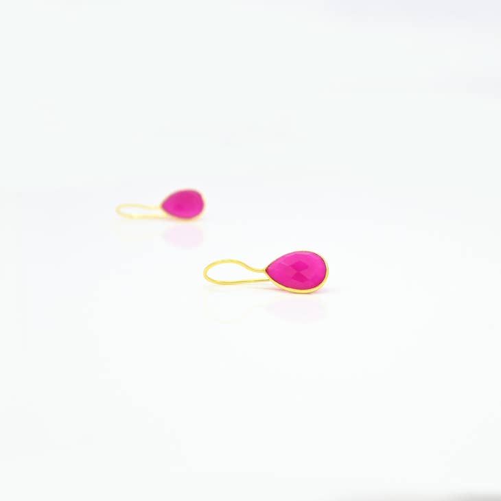 Teardrop Pink Fuchsia Onyx Gold Plated Drop Earrings