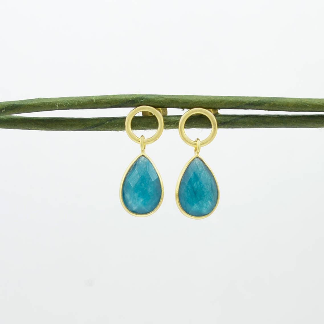 Circle Post Neon Blue Jade Gold Plated Earrings