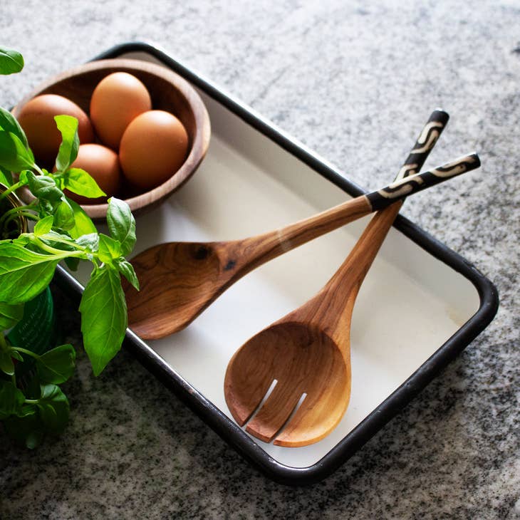 Olive Wood Salad Servers - Black Handle