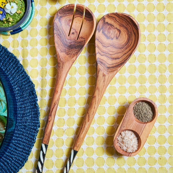 Olive Wood Salad Servers - Black Handle