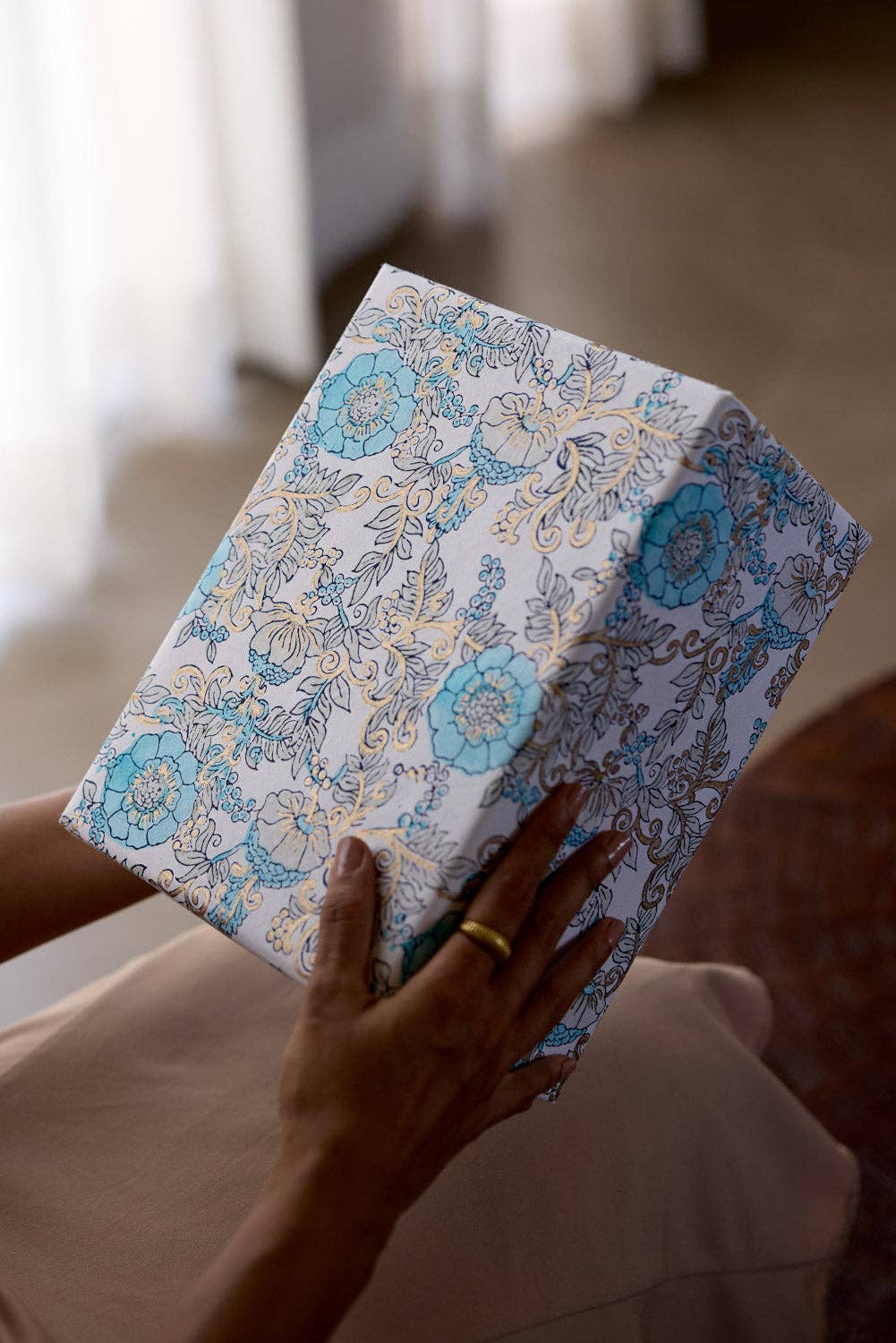 Wild Rose Blue Opal Block Printed Wrapping Paper